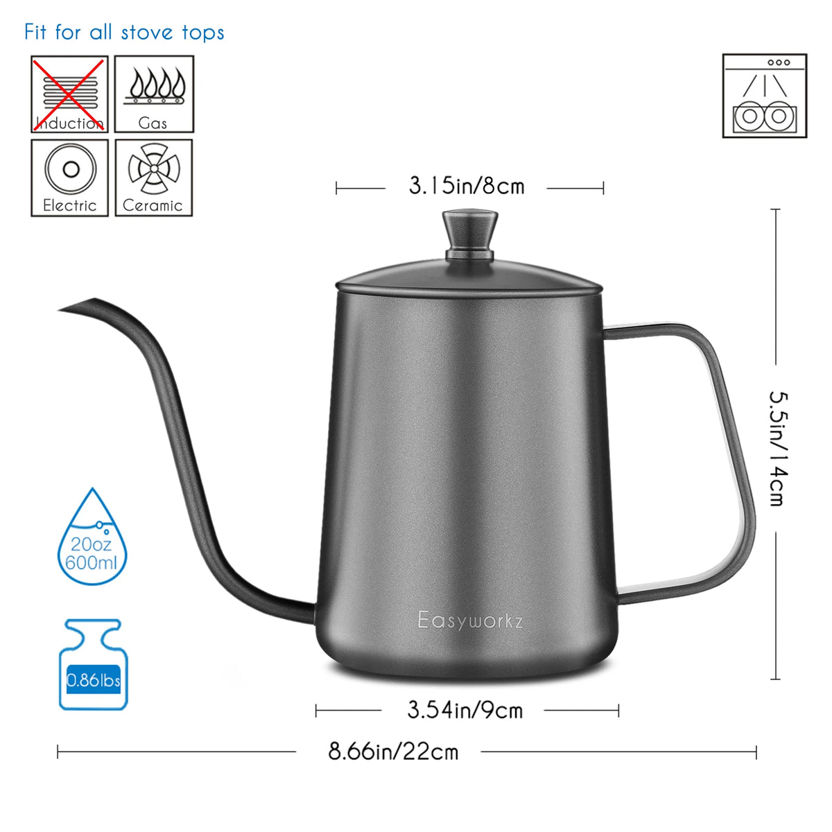 Easyworkz Gage Gooseneck Pour Over Coffee Kettle Stainless Steel Hand Drip Coffee Pot With Long Narrow Spout - POCILLO