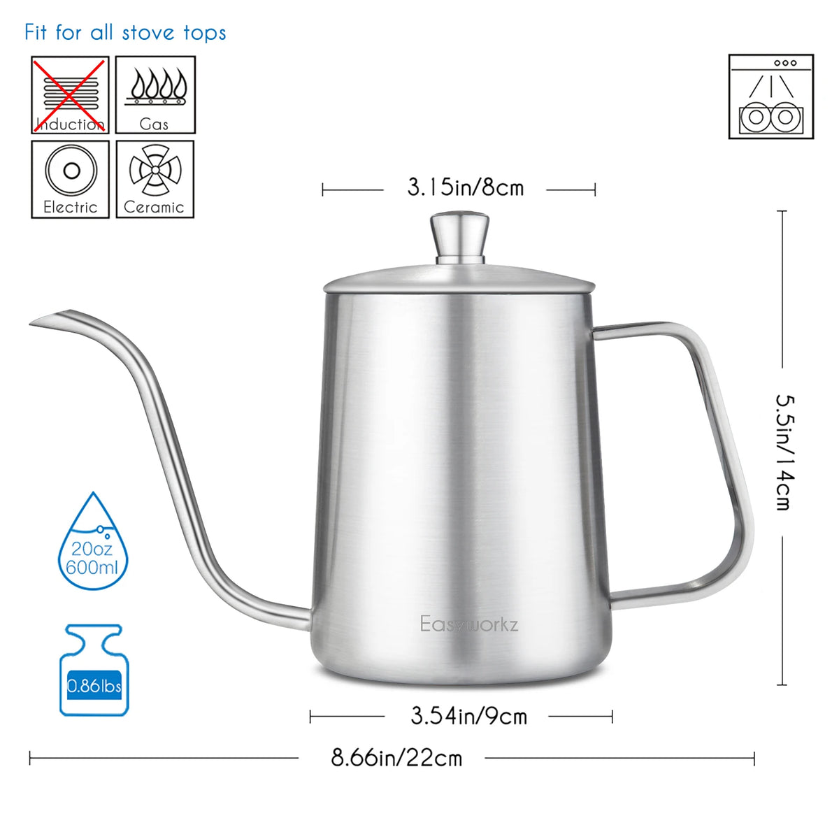 Easyworkz Gage Gooseneck Pour Over Coffee Kettle Stainless Steel Hand Drip Coffee Pot With Long Narrow Spout - POCILLO
