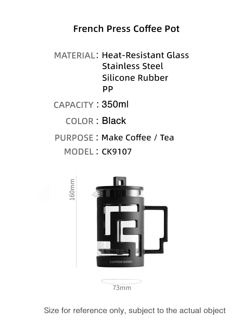 French Press Kettle 350ml 10oz. Heat-Resistant Glass Coffee/Tea Pot With Filter Screen - POCILLO