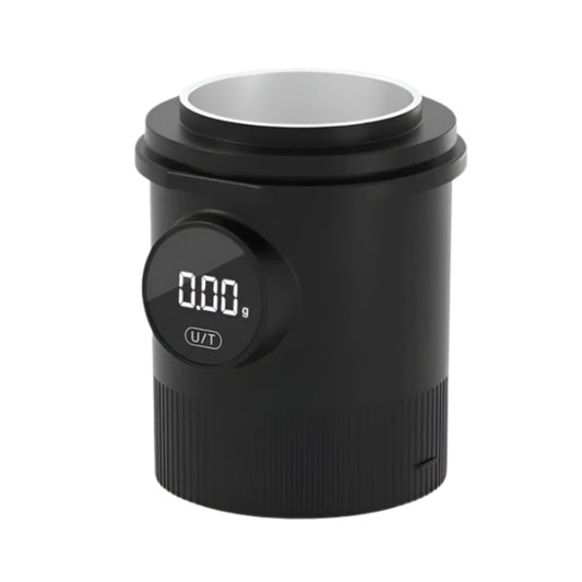 Black electronic device with digital display and dimensions labeled on a white background