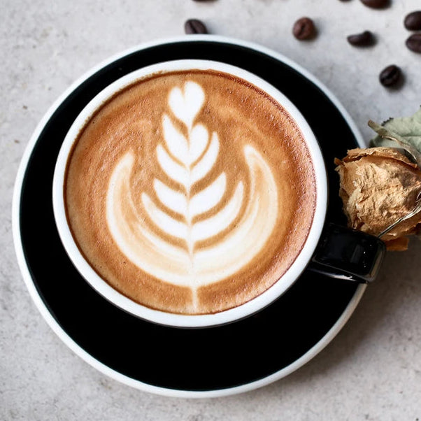 A top-down view of a cup of coffee with latte art on a black and white saucer, surrounded by scattered coffee beans, dried flowers, and a glass container on a light gray surface.