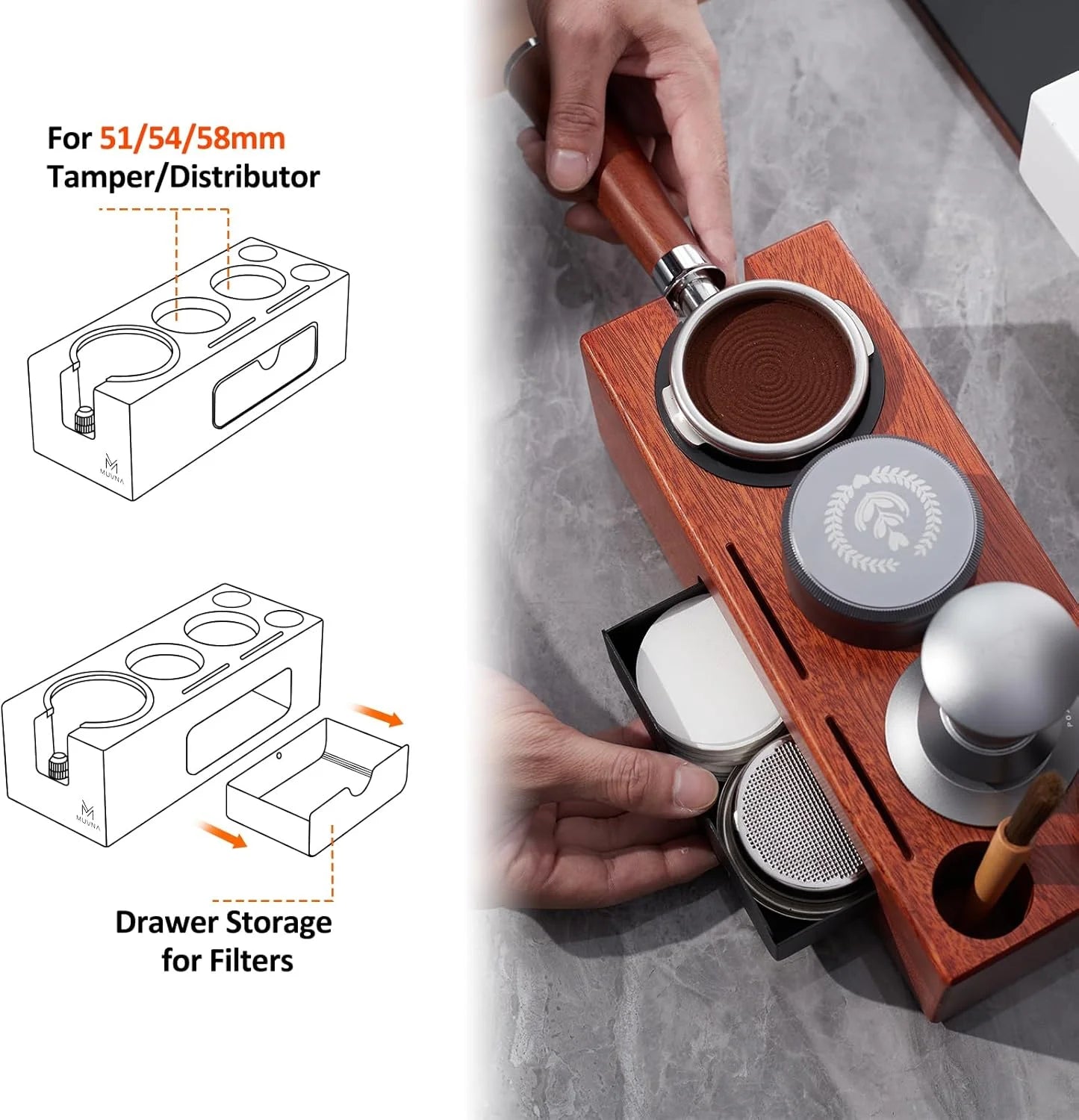 MUVNA Espresso Tamping Station, Organizer Station Drawer, Portafilter Holder, Puck Screen Filters Stand, Fits 51/54/58MM Tamper - POCILLO