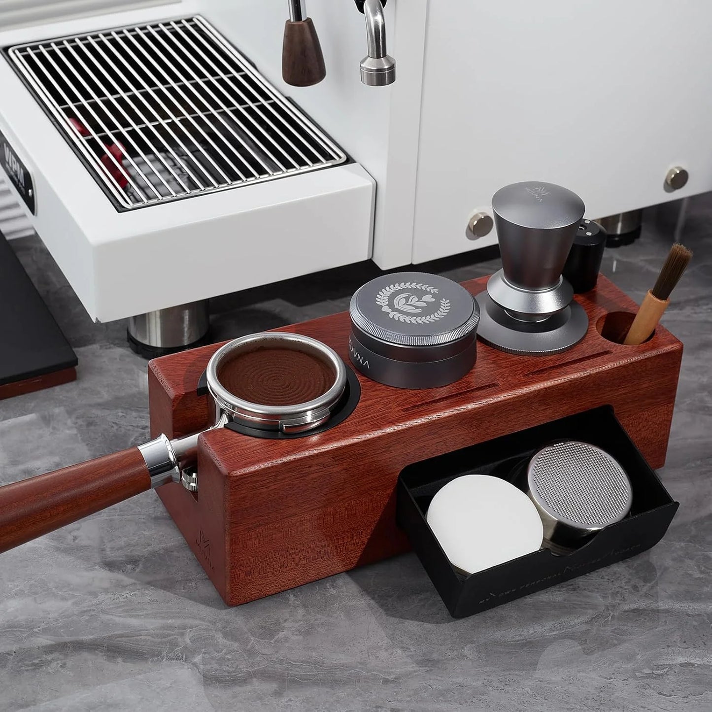 MUVNA Espresso Tamping Station, Organizer Station Drawer, Portafilter Holder, Puck Screen Filters Stand, Fits 51/54/58MM Tamper - POCILLO
